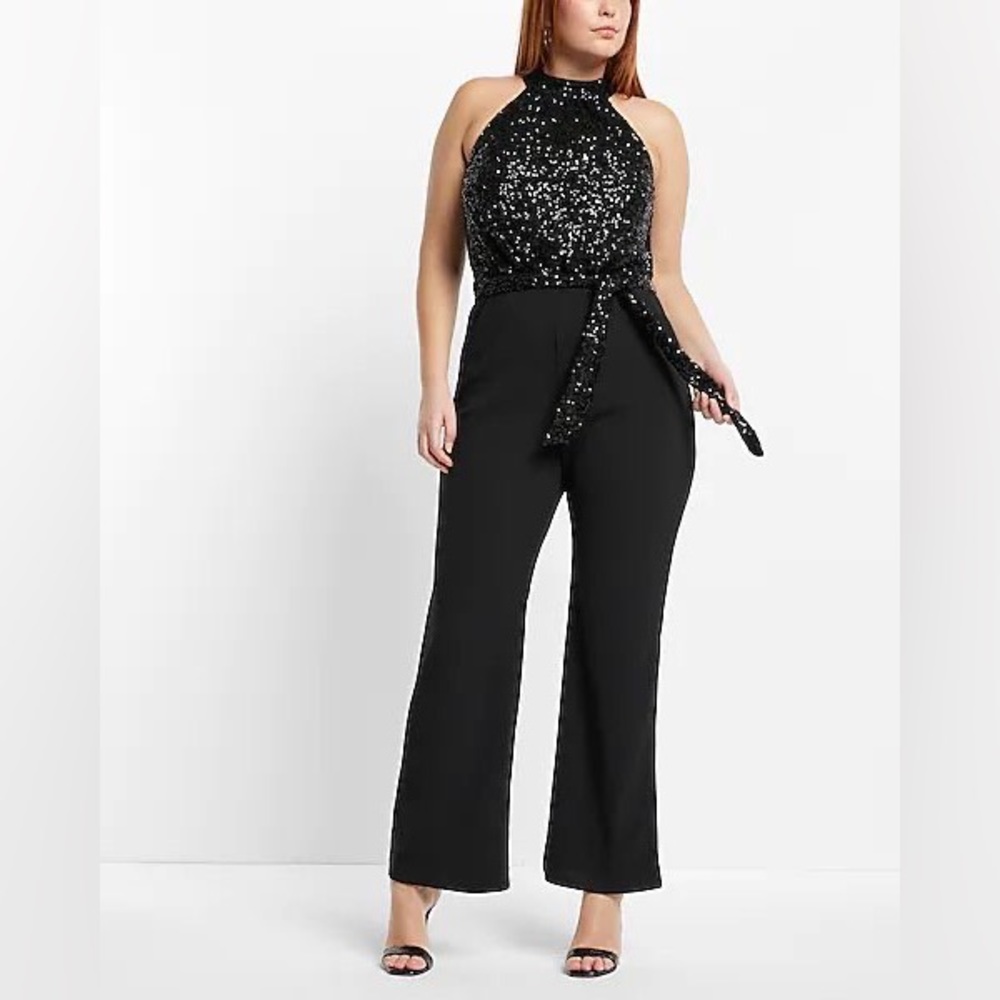 Express Black Sequin Halter Neck Tie Waist Jumpsuit Size L